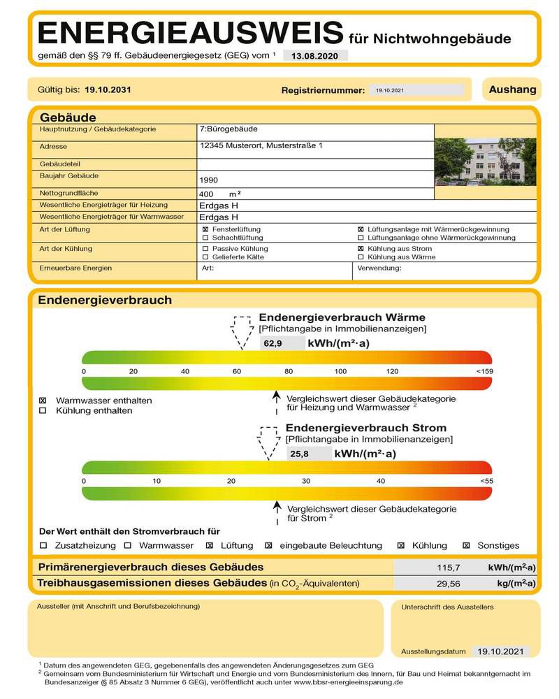 Energieausweis für Nichtwohngebäude – Beispiel nach GEG